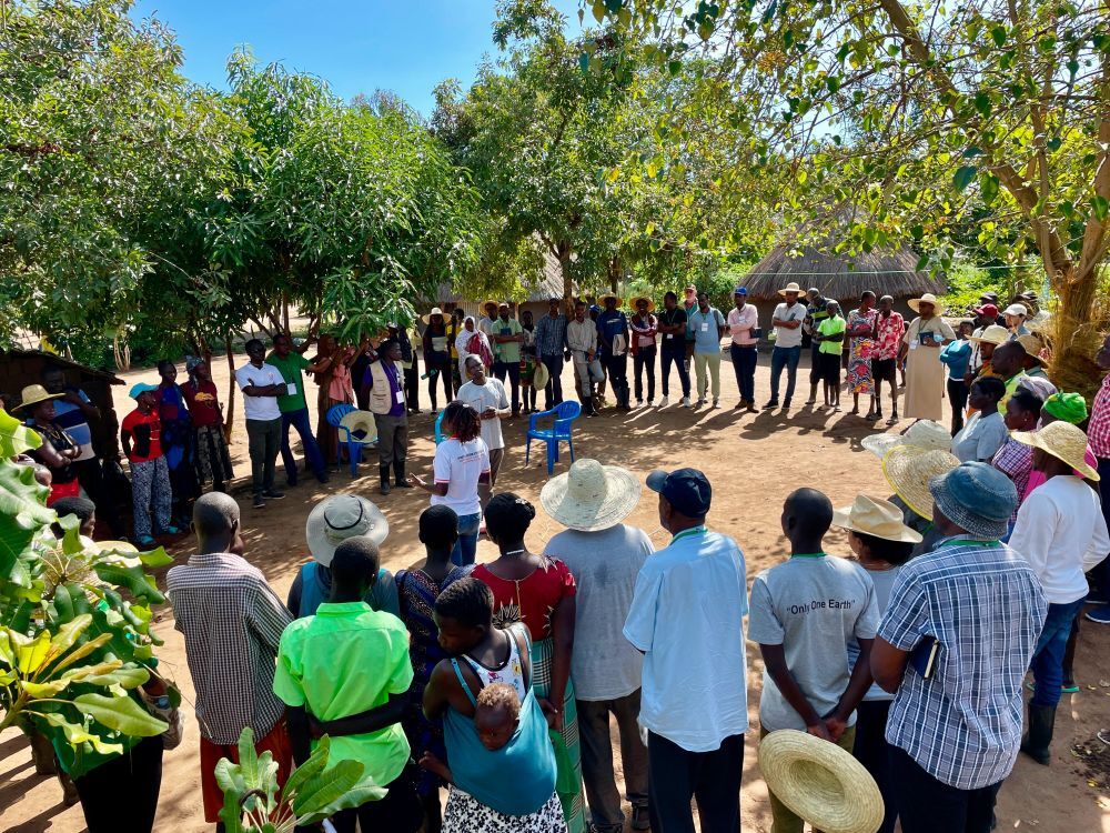 A large group of people in a circle. 