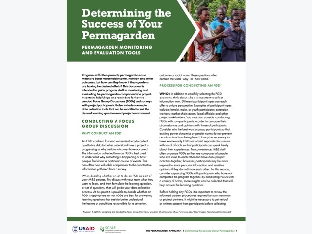 This document guides program staff in monitoring and evaluating the permagarden component of a project.