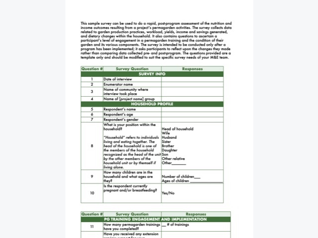 This sample survey can be used to do a rapid, post-program assessment of the nutrition and income outcomes resulting from a project’s permagarden activities.